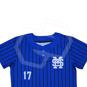 Maillot de baseball premium bleu rayé à deux boutons pour adultes, manches courtes, respirant, anti-humidité, avec logo et numéro, vente en gros - Product Image 4