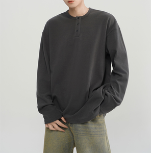 Camiseta de manga larga para hombre, estilo oversized, de algodón negro, con cuello abotonado, estilo casual, tejido sólido, estilo otoñal. - Product Image 5