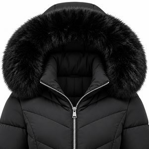 Veste d'hiver unisexe longue à capuche matelassée avec empiècements en toile, bordure en fourrure, fermeture éclair, coupe-vent, épaisse et ajustée - Product Image 3