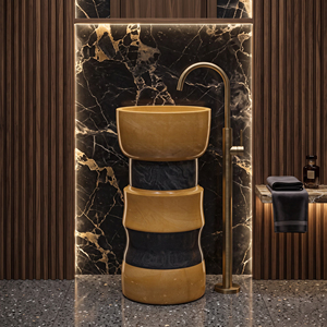 Lavabo de salle de bain moderne en pierre, sur pied, en marbre naturel jaune et noir - Product Image 4