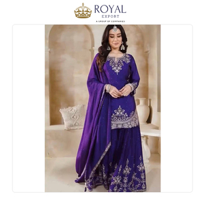 Hermosa Colección de Ropa India de Diseño, Traje Sharara de Seda Chinnon Pesada con Bordado para Mujer a Bajo Precio - Product Image 6