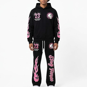 Conjunto de chándal con capucha y estampado de calavera, estilo streetwear, negro y rosa con llamas, el más demandado, con logo personalizado, para adultos, para otoño. - Product Image 1