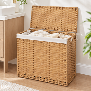 Panier à linge ovale en rotin naturel tressé, écologique, classique, multi-usages, avec couvercle et doublure en tissu amovible - Product Image 4