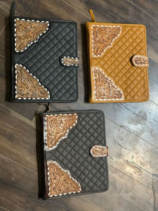 New Design <b>Hand</b> Tooled Quilted Leather Business Portable A4 Size Portfolio Folder Custom Cowhide Leather Zippered 3 Ring Binders - Product Image 3