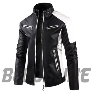 Men's Black White PU Leather Moto Biker <b>Jacket</b> <b>Slim</b> <b>Fit</b> Stand Collar Zipper Closure Autumn Wear - Product Image 1