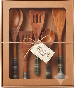 Ensemble d'ustensiles de cuisine en bois massif avec poignées en bois naturel, motif brun et vert, pour cuisiner et servir - Product Image 5