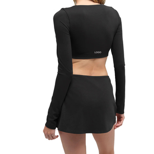 Women's Solid Long Sleeve Bra Shorts <b>Set</b> Compression Activewear Sport Fashion 2-Piece Nylon Elastane Blend Skinny Fit Custom OEM - Product Image 2