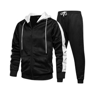 Ensemble de survêtement bleu personnalisé pour hommes, avec veste zippée à col montant et rayures blanches, style sportif, respirant, streetwear d'automne - Product Image 2