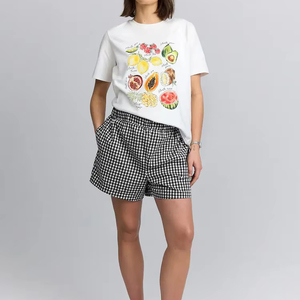 Ensemble T-shirt et short en coton pour femme, imprimé fruits, décontracté, été, deux pièces, au-dessus du genou, coupe régulière, tricoté, respirant - Product Image 1