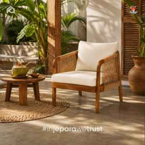 Sillón de Exterior de Madera de Teca Sólida con Cuerda Tejida y Cojín, Muebles de Jardín para Patio, Resort o Villa Tropical - Product Image 1