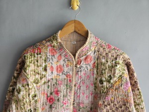 Floral Quilted <b>Jacket</b> Women's <b>Mandarin</b> <b>Collar</b> Full Sleeve Cotton Patch Pocket Autumn Style XL gift for her - Product Image 2