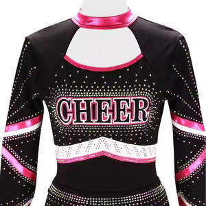 Ensemble d'uniformes de cheerleading noir et rose avec strass imprimés, robe à manches longues en polyester, pompons et nœuds pour adultes, sur mesure, haute qualité - Product Image 6