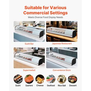 Équipement de réfrigération pour cuisine commerciale, vitrine à sushi de 2,5 pieds cubes, 7 bacs, vitrine de comptoir, verre incurvé, éclairage LED pour - Product Image 6
