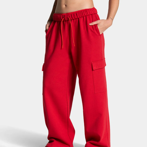 Pantalon cargo premium pour femme, rouge, coupe large, taille mi-haute, avec cordon de serrage, coupe ample, en molleton uni, style streetwear décontracté, vente en gros - Product Image 3