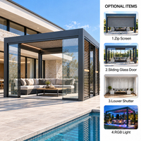 Pergola moderne en aluminium avec murs en verre coulissants et éclairage LED pour patio, jardin et salon extérieur