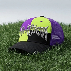 Men's <b>Purple</b> Lime Green Trucker Cap Custom Embroidered Logo Mesh Back Baseball <b>Hat</b> Adjustable Two Tone Streetwear - Product Image 5