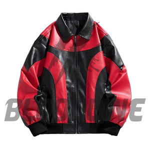 Men's PU <b>Leather</b> Bomber <b>Jacket</b> Color Blocking Turn-down Collar Zipper Closure Streetwear Autumn Wear - Product Image 5