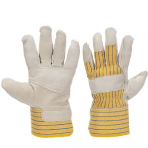 Gants de travail en cuir grainé de vachette jaune avec pouce volanté, dos rayé et manchette de sécurité caoutchoutée pour usage industriel et de construction - Product Image 1