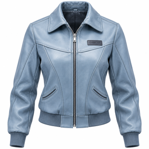 Blouson Bomber en Cuir Véritable Bleu Ardoise pour Femme, Col Étendu, Bordure Côtelée, Fermeture Éclair, Vêtement d'Extérieur Décontracté pour Femme, Fabricant - Product Image 1
