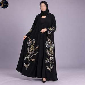 Vestido Abaya Botánico Ornamentado para Mujer con Mangas Largas, Túnica Negra Fluida |   Prenda Musulmana con Detalles Florales Metálicos en Espalda y Mangas - Product Image 1
