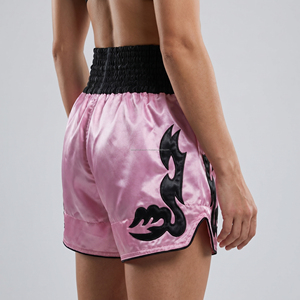 Custom Pink Satin <b>Men</b> Women Muay Thai Shorts Black Applique Patches Kickboxing <b>Trunks</b> Wholesale Custom Logo MMA Fighting Shorts - Product Image 4