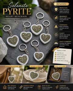 Selenite Pyrite Heart Keychain Wealth Abundance Cleansing Energy Crystal Stone Portable Talisman Protection Key Ring - Product Image 3