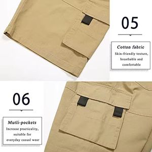 Shorts cargo pour homme, couleur unie, taille à cordon de serrage, multi-poches, shorts décontractés streetwear, respirants, 100% coton, shorts cargo pour homme - Product Image 6