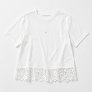 Oversized Layered Floral Lace Hem <b>Tee</b> <b>White</b> Short Sleeve Crewneck Trendy Women's Shirts Cotton Loose Casual Summer Pullover Top - Product Image 2