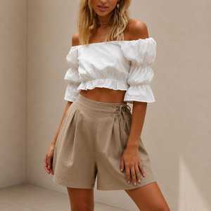 Shorts Oxford Verts Taille Haute pour Femme avec Cordon de Serrage Coupe Droite Couleur Unie Style Décontracté Respirant 100% Coton - Product Image 6