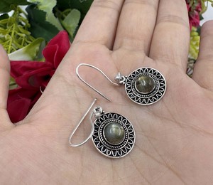 Boucles d'oreilles en labradorite naturelle, pierre ronde, plaqué argent 925, pierres précieuses, pour femmes - Product Image 2