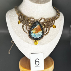 Labradorite Macrame Choker <b>Necklace</b> Purple Thread Oval Gem Boho Handmade <b>Statement</b> Jewelry for Women - Product Image 3