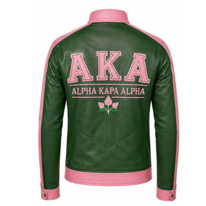 Blouson Bomber en Cuir Rose Brodé Alpha Kappa Alpha AKA pour Homme, Col Rabattu Décontracté, Fermeture Éclair, Logo Arrière 1908 - Product Image 6