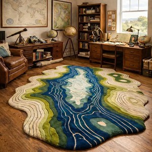 Alfombra de Lujo con Diseño Topográfico Abstracto de Río, Alfombra de Diseño Suave Hecha a Mano, Forma Irregular para Sala de Estar o Dormitorio - Product Image 1