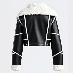 Custom <b>Black</b> Faux Leather <b>Jacket</b> with White Shearling <b>Fur</b> Collar and Cuffs <b>Cropped</b> Fit Biker Style Outerwear for Womens Outfit - Product Image 2