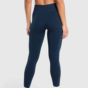 Leggings de yoga taille haute pleine longueur bleu marine uni, sans couture, avec taille élastique, en Spandex et Nylon pour femme - Product Image 2