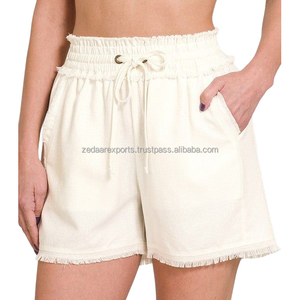 Shorts de lino puro de cintura alta con cintura elástica y volantes, corte holgado, informales, de verano, para mujer. - Product Image 1