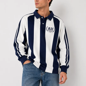 Camiseta Polo de Rugby con Rayas Verticales Blancas y Azules para Hombre, Bordado Personalizado, Ropa Urbana Vintage, Sudaderas con Capucha y Pantalones Deportivos para Hombre - Product Image 1