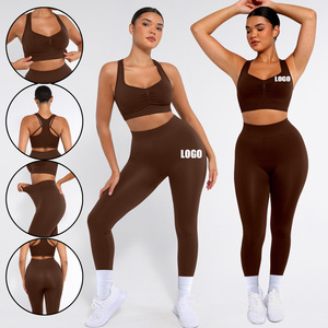 Ensemble de yoga pour femme : Soutien-gorge de sport et leggings taille mi-haute longueur intégrale, à carreaux, froncé, sans couture, taille élastique, marron, 2 pièces, tenue de sport - Product Image 1