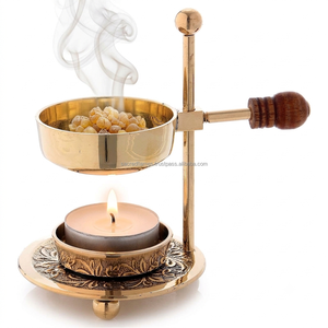 Adjustable Brass Resin Incense Burner Wooden Handle Smokeless Tealight <b>Candle</b> Frankincense Warmer Censer Wholesale - Product Image 3