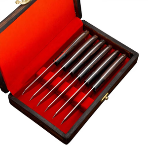 Juego de 6 cuchillos de carne serrados J2 de acero japonés con mango de madera, hechos a mano, duraderos, ajustables, con orientación de mano, cuchillos de cocina mate - Product Image 6