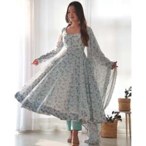 ชุดสูท anarkali organza นุ่มบริสุทธิ์พร้อม DKB-262เย็บเต็ม - Product Image 4