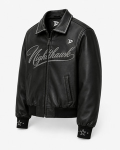 Nighthawk Embroidered PU Leather Bomber <b>Jacket</b> Men's Moto Style Zip Front Black <b>Star</b> Cuff Design - Product Image 3