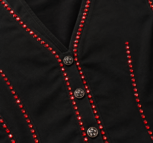 Haut peplum sans manches noir à boutons avec garniture en strass personnalisée, couture en cristal rouge, chemise pour femme, streetwear d'été, directement de l'usine - Product Image 3