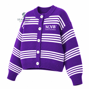 NCNW Sorority Women's Striped Knit <b>Cardigan</b> Button Down Long Sleeve Crew Neck <b>Purple</b> White Embroidered Casual Sweater - Product Image 2