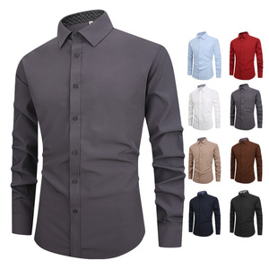 Chemise formelle noire unie à manches longues pour homme, coupe ajustée, tissu tissé - Product Image 4