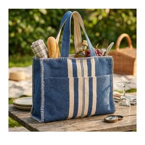 Bolsa de Lona Impermeable a Rayas Azul Beige Suave al por Mayor con Costuras Gruesas Reutilizable para Playa, Picnic, Mercado y Compras - Product Image 1