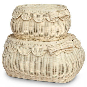 Boho Round Rattan <b>Storage</b> Basket With Lid And Bow Detail Wicker Organizer For Nursery Toy <b>Storage</b> Handmade Kids <b>Hamper</b> Decor - Product Image 5