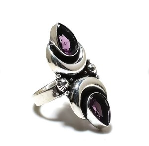 Anillo de Boda de Amatista Doble Natural al por Mayor, Plata de Ley 925, Hecho a Mano, con Dos Piedras de Amatista en Forma de Luna Creciente - Product Image 1