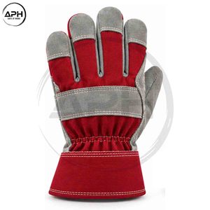 Gants de travail sur mesure en daim gris avec paume renforcée en tissu rouge et manchette allongée – Vente en gros - Product Image 3