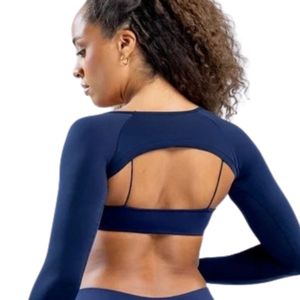 <b>Women</b> <b>Navy</b> Blue Long Sleeve Sports Bra Open Back Matching <b>Leggings</b> Set High Stretch Workout Gym Yoga Fitness Activewear - Product Image 4